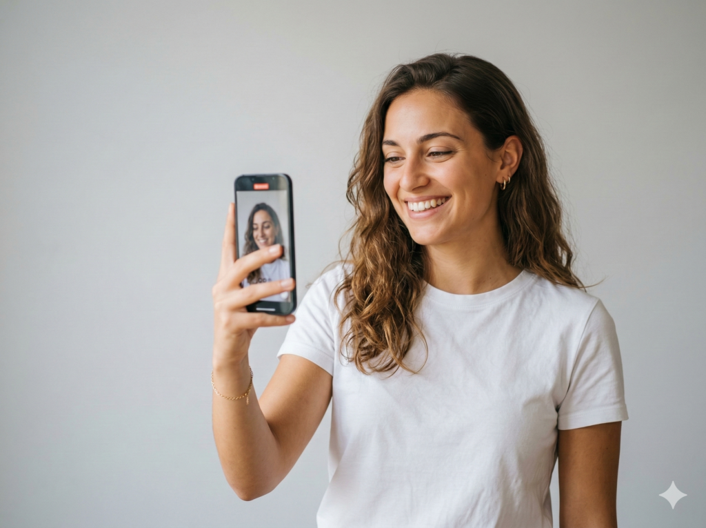 Giovane creator italiana OnlyFans sorridente con smartphone che crea contenuti - rappresenta le influencer italiane su OnlyFans